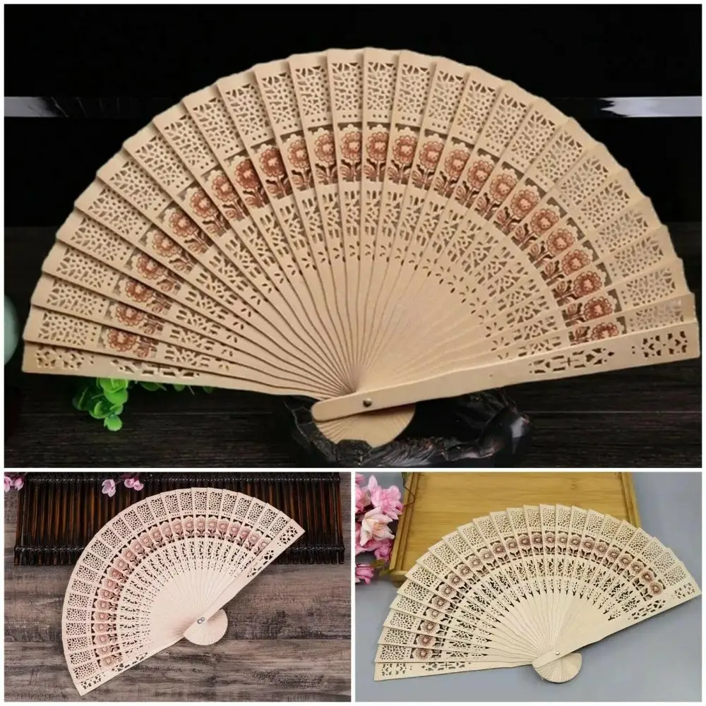 Wooden Bamboo Hand Held Folding Fan Print Flower Portable Travel Decoration Fans