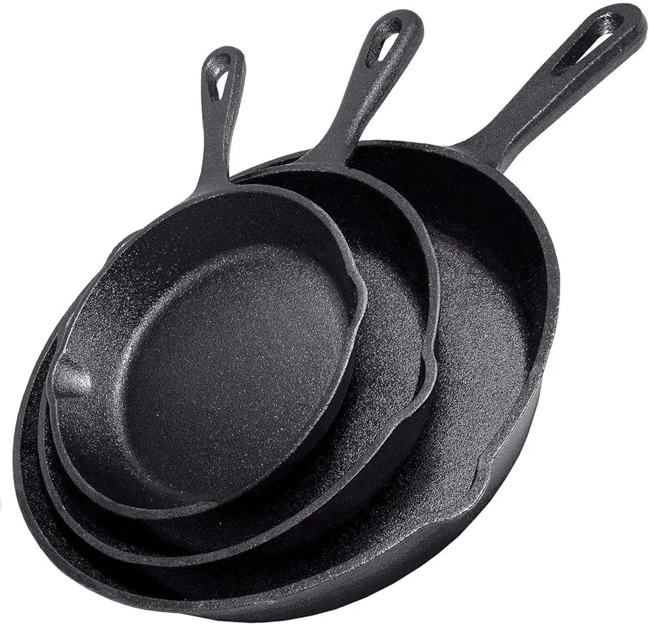 

Cast Iron Skillet 3-Piece Set - Heavy-Duty Professional Restaurant Chef Quality Pre-Seasoned Pan Cookware Set