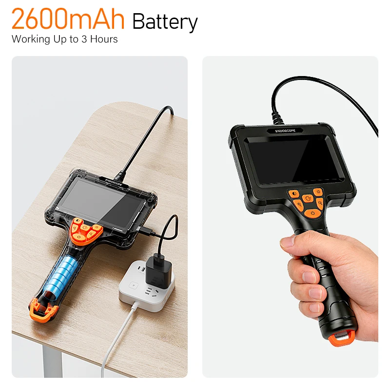 4.3'' Hand-held Industrial Endoscope 8mm Camera 1080P HD Rigid Cable IP67 Borescope Inspection Piping Car Sewer Camera 2600mAh 4