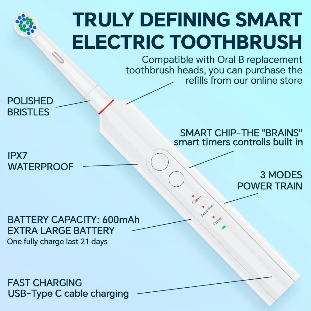 Rechargeable Electric Toothbrush for Adults with 6 Heads & Travel Case, 3 Modes & 2 Min Timer, Compatible with Oral B Brush Head