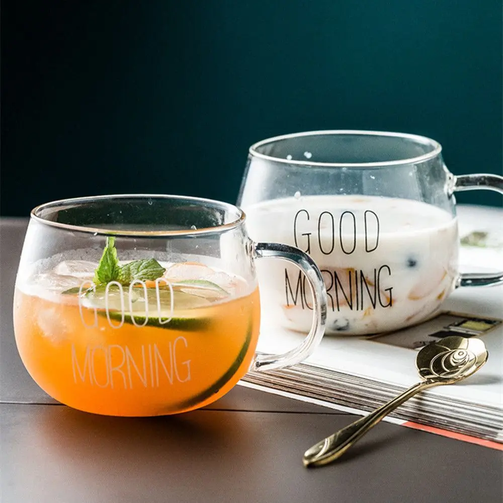 1Pc Round Transparent Glass Clear Mug Cup Milk Coffee Glass Letter Printing Drinkware With Handle For Tea Juice Breakfast