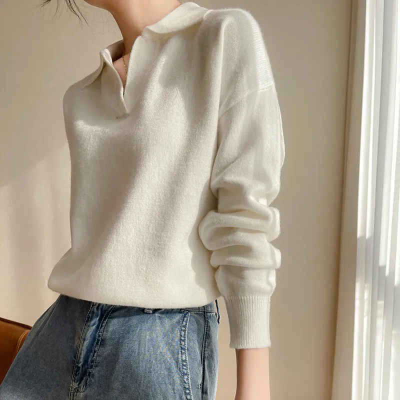 Women's Collar Knitted Sweater SpringAutumn Sleeved Solid Color Loose Korean Style Fashionable Lapel Pullover Jumper Top 3