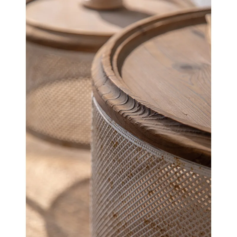 Rustic Round Coffee Table Set, Pine Wood Top with Cut-Out Iron, Space-Saving Design for Small Apartments