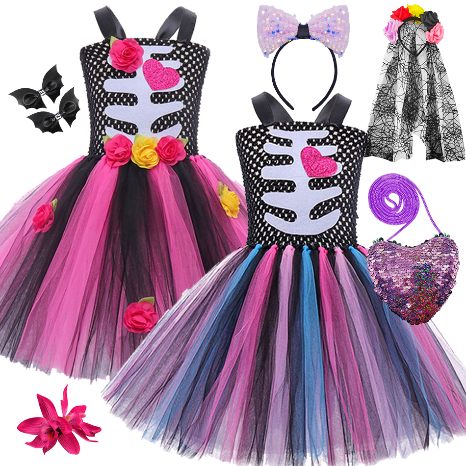 Halloween Kids Dress Cosplay Heart Print Skeleton Costumes Girls Floral Skull Tutu Clothes Children Carnival Performance Outfits