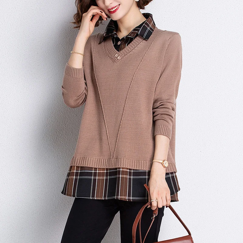 

2022 New Womens Sweater Shirt Collar Fake Two Pullover Sweater Spring Autumn Loose Casual Ladies Knitting Sweater Jumper Tops