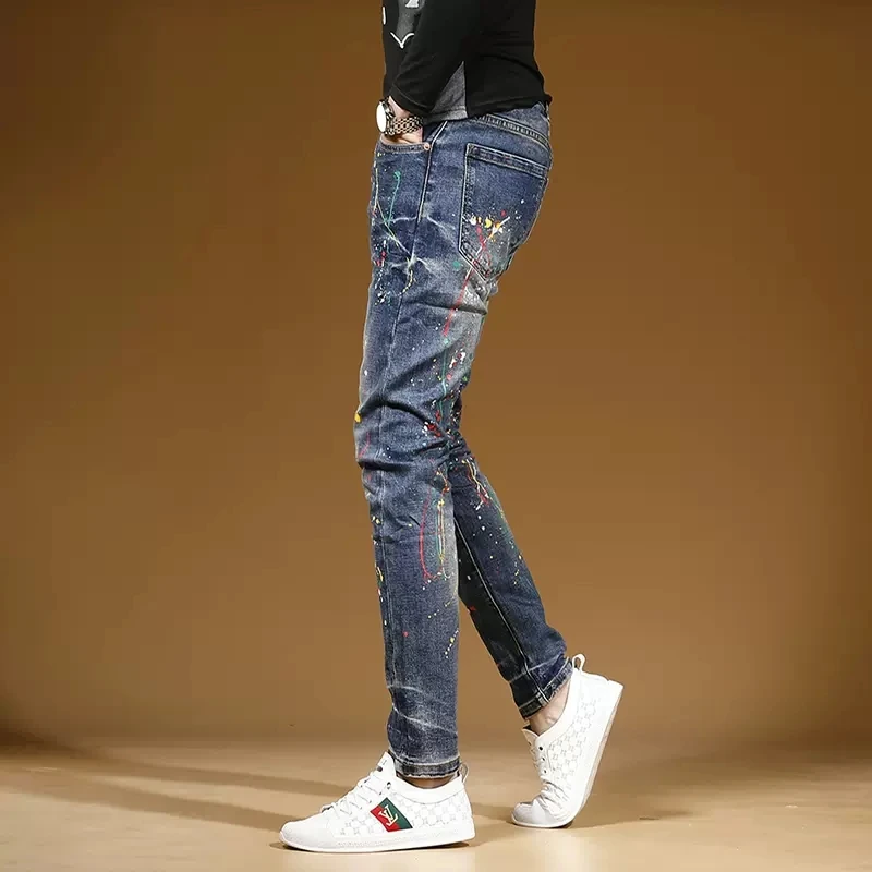 Streetwear Graffiti Printed Blue Jeans Men Casual Slim Fit Straight Pants Stretch Denim Trousers