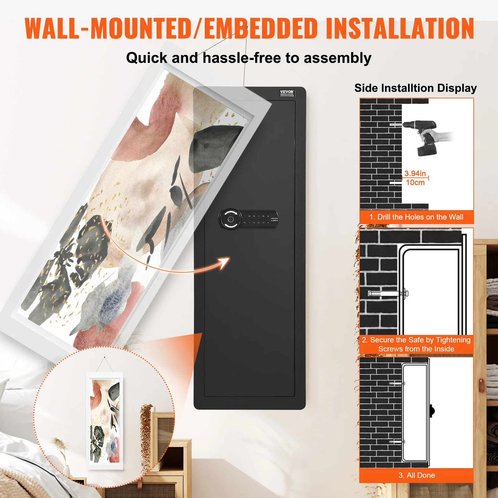 VEVOR 42.91" Tall Wall Gun Safe, 4-Tier Hidden Gun Safe with Keypad & Fingerprint,3 Removable Shelves & 6 Key Holders /LED Light 6
