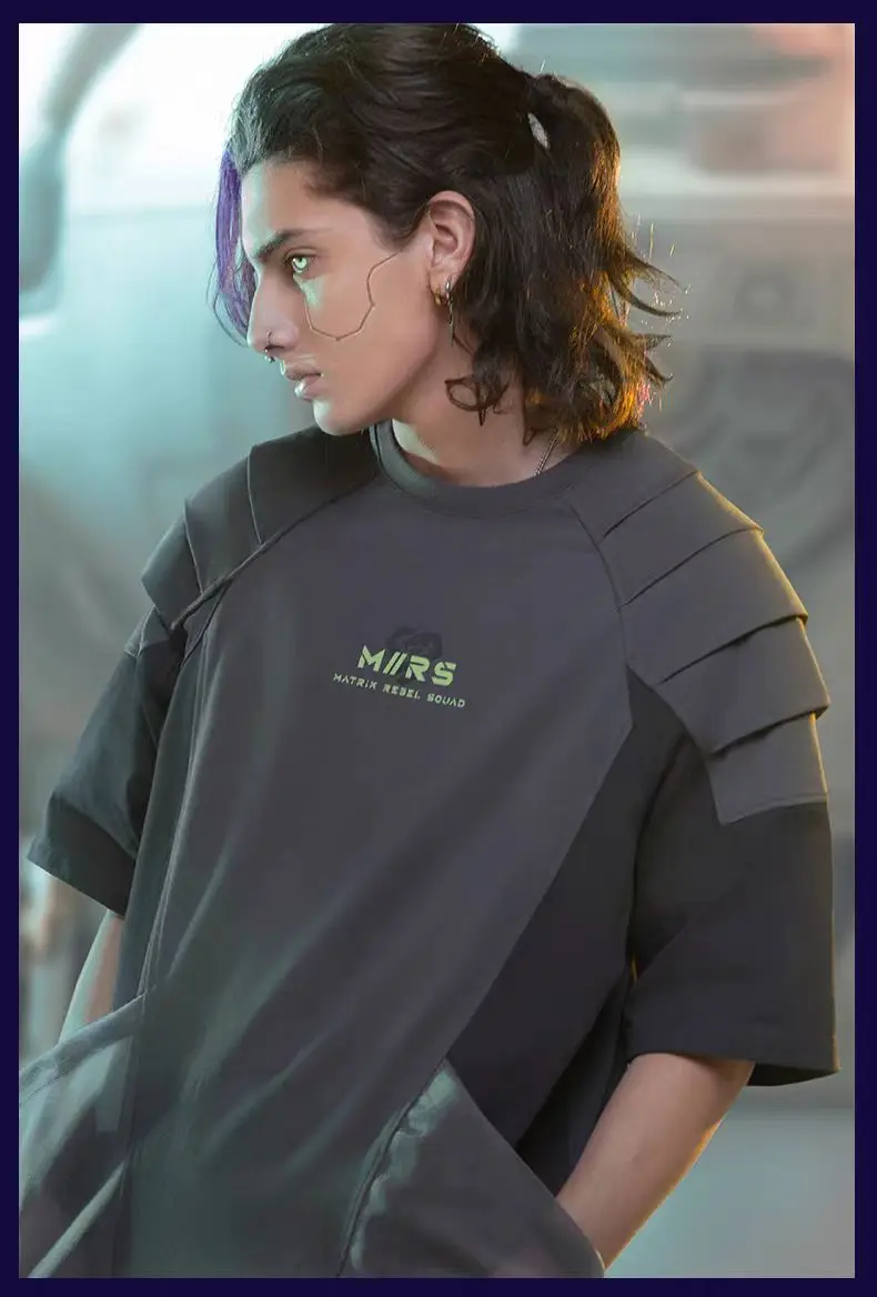 XEvil cyberpunk  Color blocked t-shirt mesh pockets armor style shoulders cotton material sci-fi dystopian