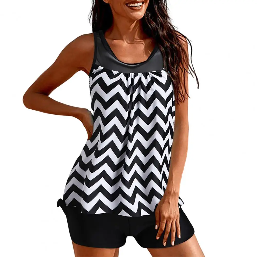 

No Steel Support Swimsuit Stylish Women's Tankini Swimwear Set with Padded O-neck Top Mid-rise Trunks Quick Drying for Summer