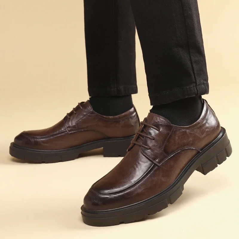 Men Dress Elevator Shoes Platform Breathable Lift Casual Business Luxury Genuine Leather Heightening Shoes 5/8/10CM Taller Male mens brogue shoes