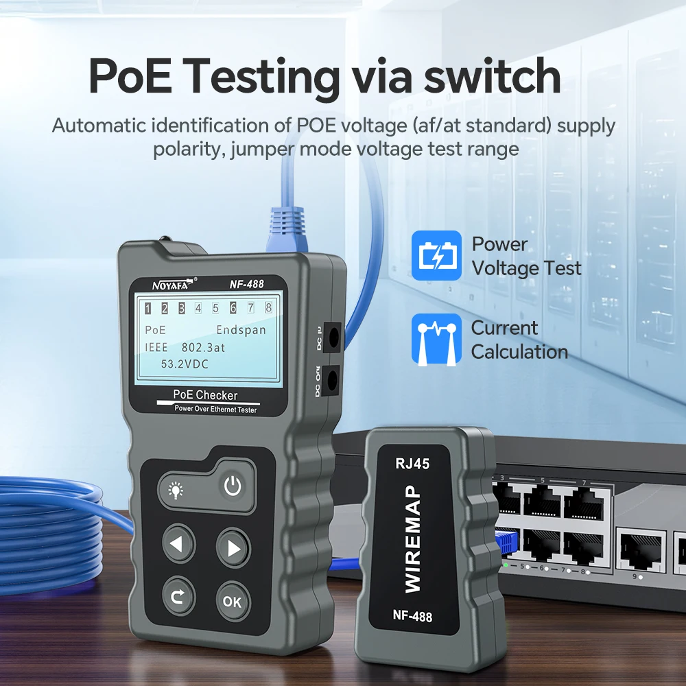 Noyafa LCD Network Cable Tester Lan Test PoE Checker NF-488 Inline PoE Voltage Current Tester With Cable Tracker the Ethernet network cable tester