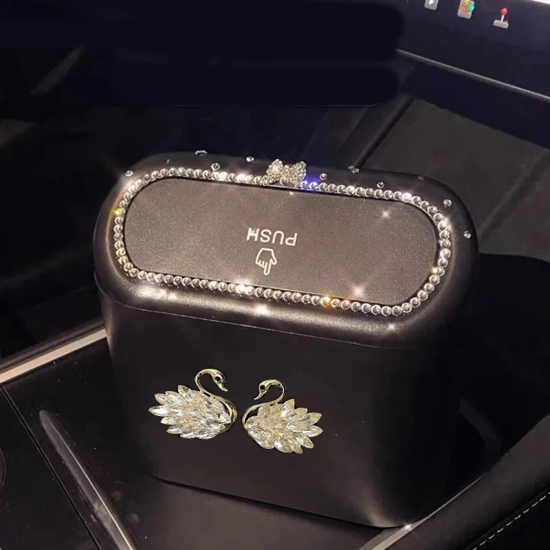 Cute Big Diamond Bowknot Car Trash Bin Hanging Vehicle Garbage Dust Case Storage Box Pressing Type Trash Can Auto Accessories car trash can