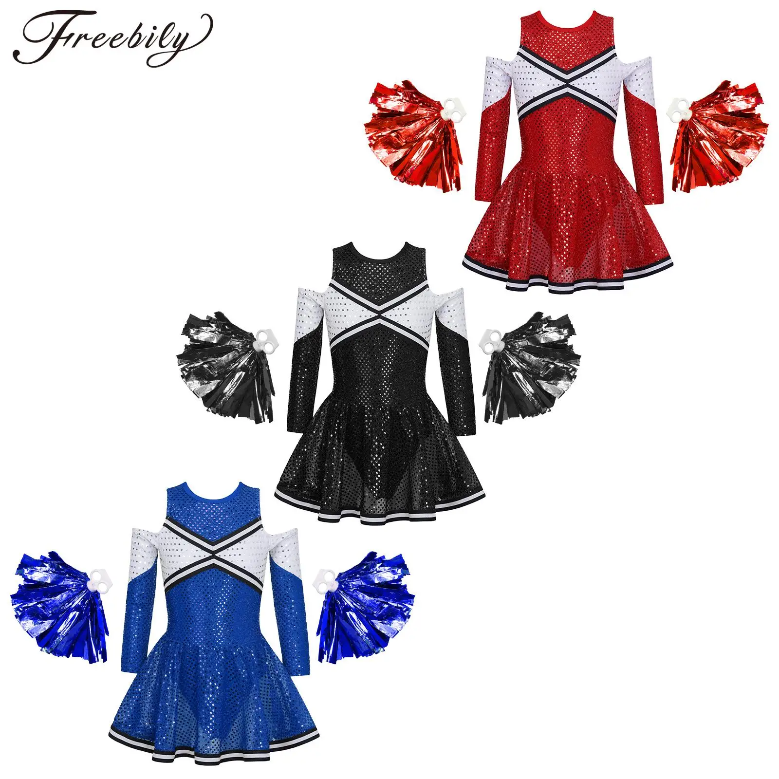Kids Girls Sequins Cheer Leader Costume Long Sleeve Off Shoulder Latin