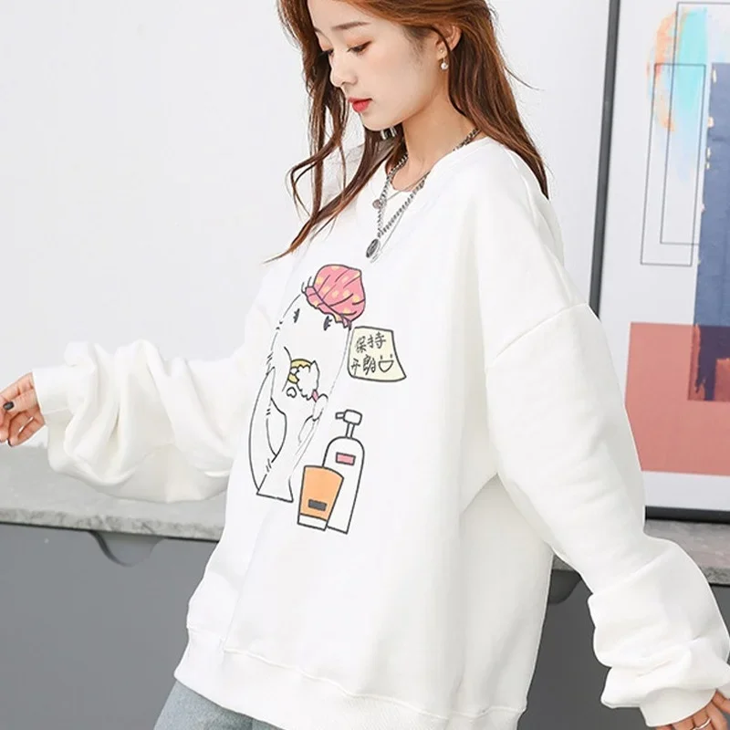 Cartoon Duck Printed Couple Clothing Women O-Neck Loose Cotton Plush Sweatshirts Autumn Winter Warm Casual Pullovers Streetwear