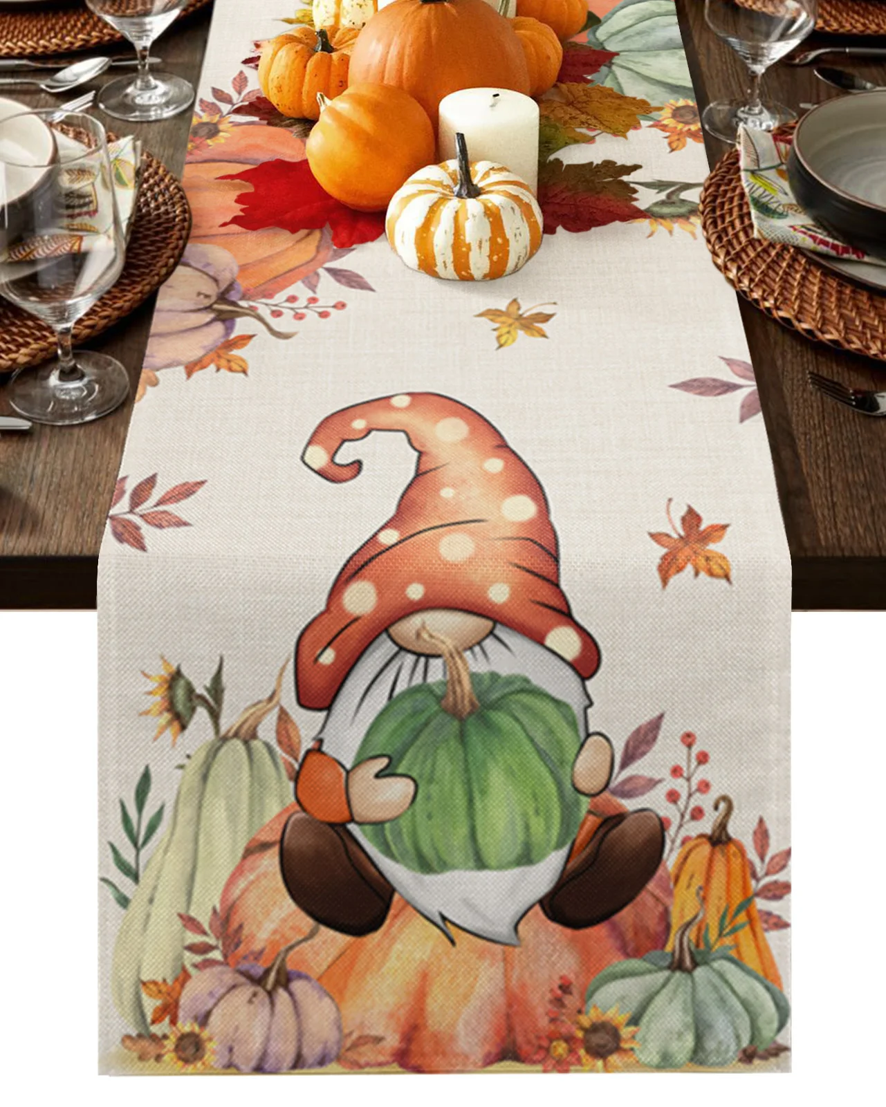 

Thanksgiving Autumn Pumpkins Gnomes Linen Table Runner Kitchen Table Decoration Farmhouse Dining Tablecloth Wedding Party Decor