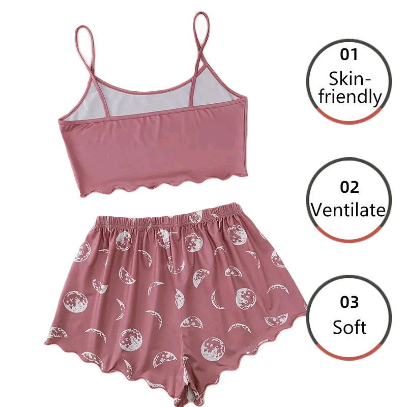 Women's Pajamas Set Sleepwear 2 PCS Camisole And Shorts S M L Pink Ventilate Soft Casual Earth Print