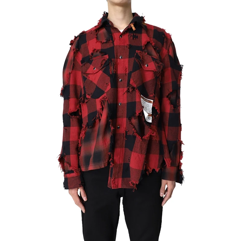 

Japanese Retro Fashion Damaged Plaid Fake Two Piece Splicing Long Sleeved Men's and Women's Wine Red Printed Shirt