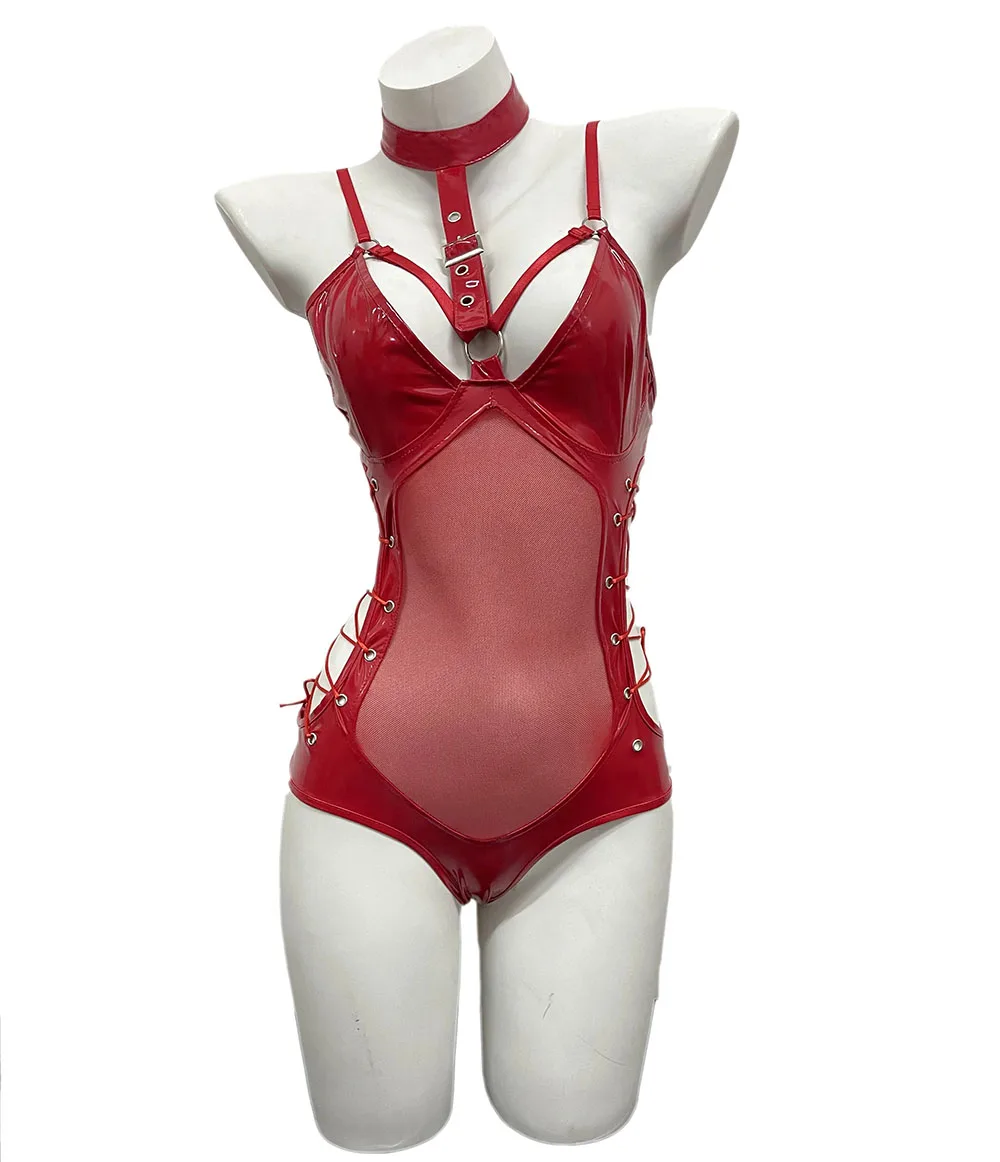 Sexy bodysuit i blankt kunstlæder med handsker og strømper_voghion.com