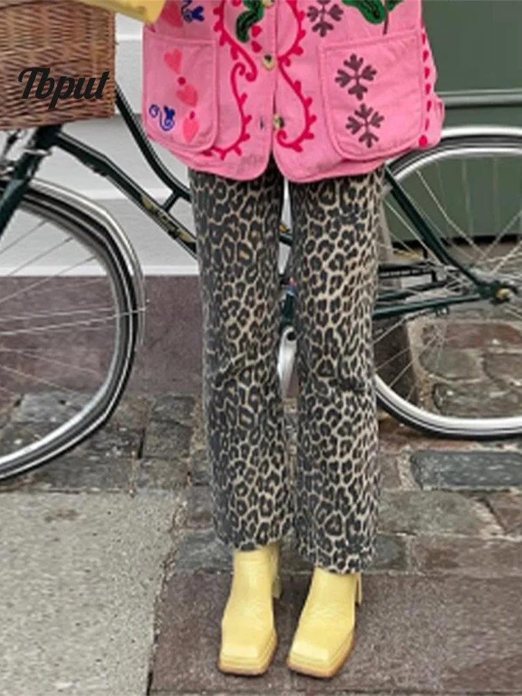 

Y2k 2024 модные прямые брюки с леопардовым принтом, женские повседневные брюки с высокой талией на пуговицах, Весенняя женская Свободная уличная одежда