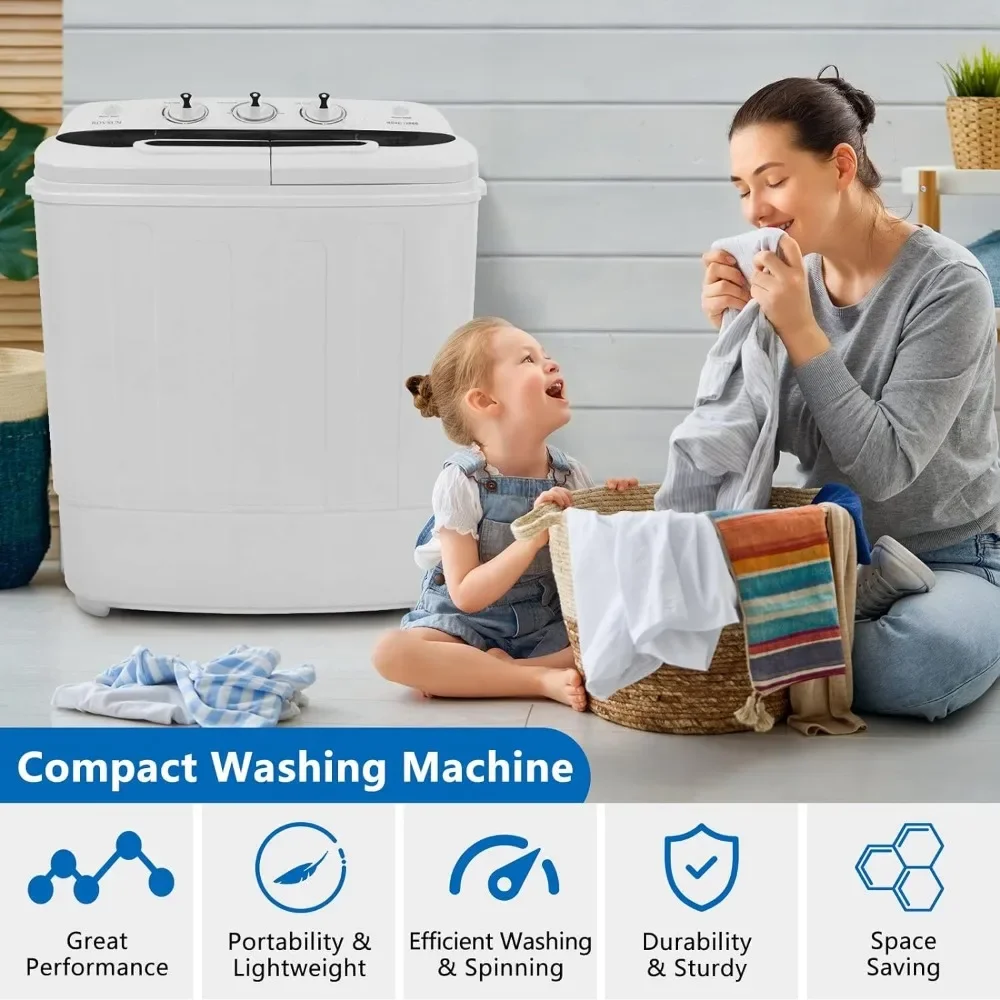 15LBS Portable Washing Machine, Electric Twin Tub Washer with Washer(9lbs) & Spiner(6lbs) & Pump Draining, for Home Camping Dorm 2