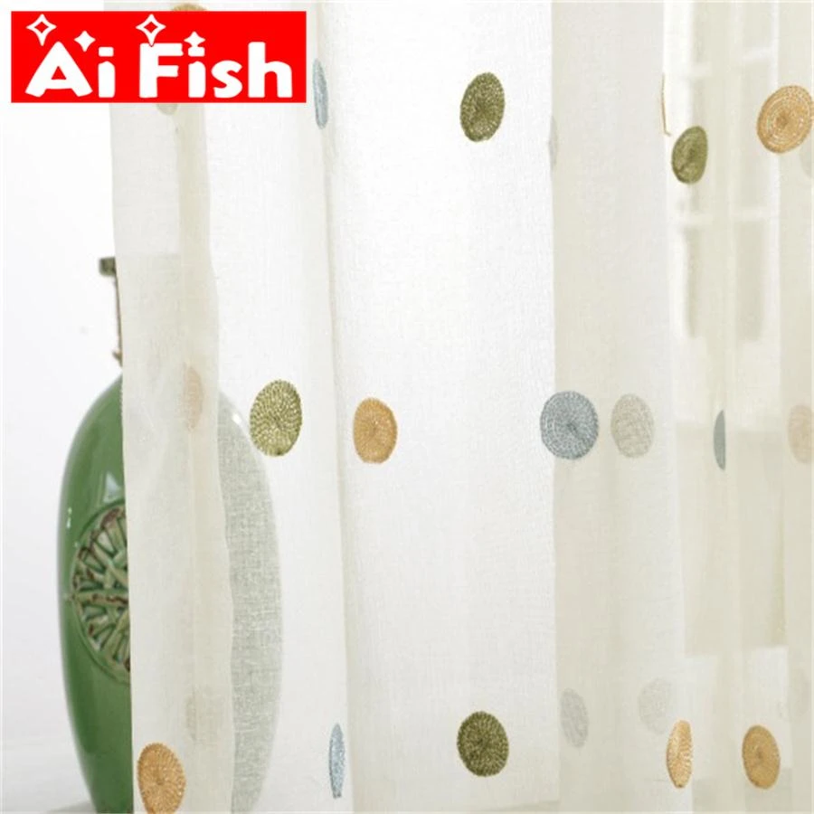 Colorful Circle Embroidery Sheer Curtains For Living Room Drapes White