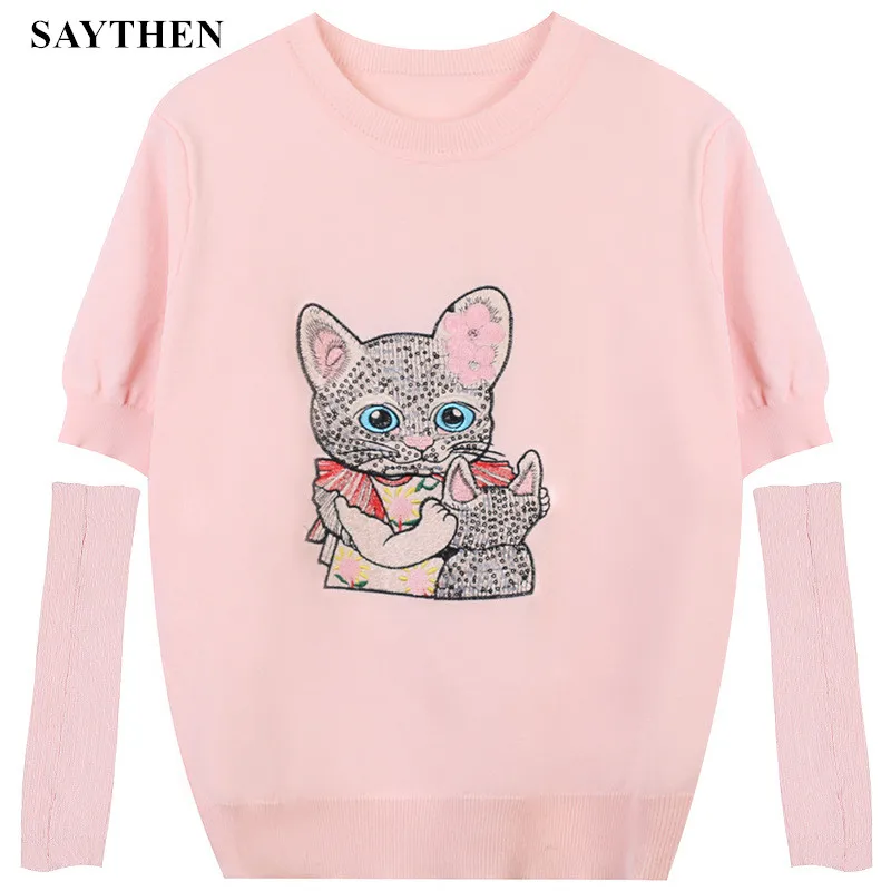 

SAYTHEN Spring 2022 New Women's Sleeves Cat Cartoon Sequin Embroidery Sweet Age-Reducing Slim Round Neck Thin Cute Pullover