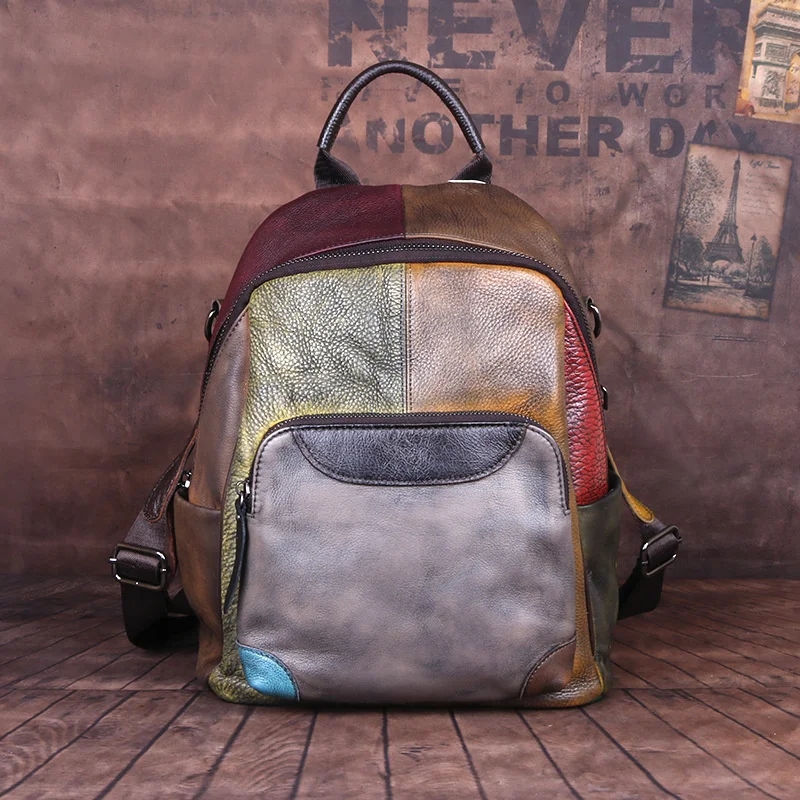 2024 New Hand-painted Panelled Women Backpack Genuine Leather Female Retro Bag Leisure Vintage Travel Backpack Mochila 4