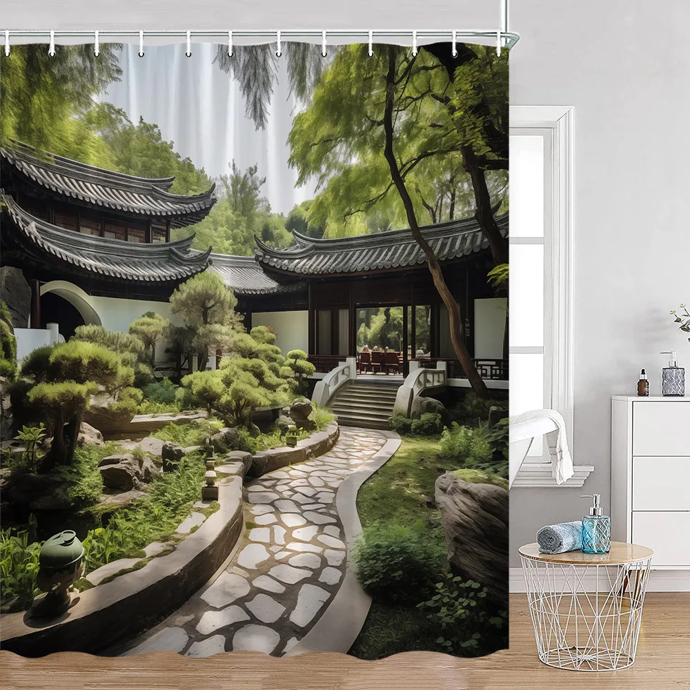 

Natural Garden Shower Curtains Chinese Garden Natural Plants Bathroom Curtain Chinese Traditional Arch Door Fabric Bath Decor