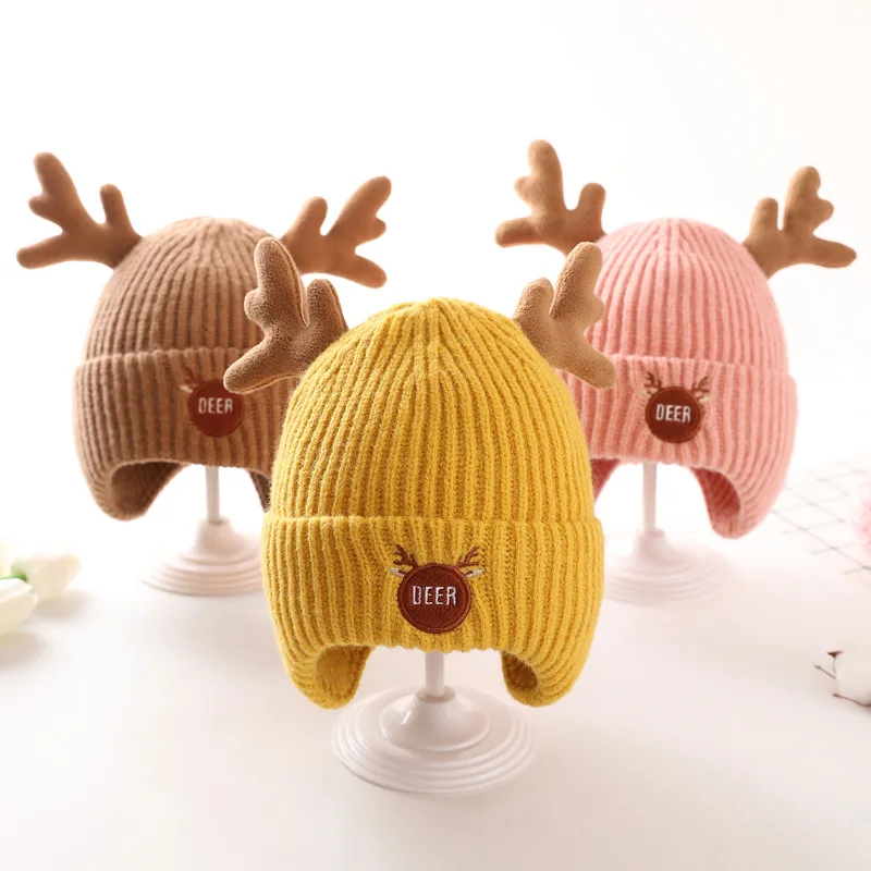 

baby christmas hats autumn winter cute boys girls antler knitted hats warm pullover ear hats toddler newborn baby gifts knitted