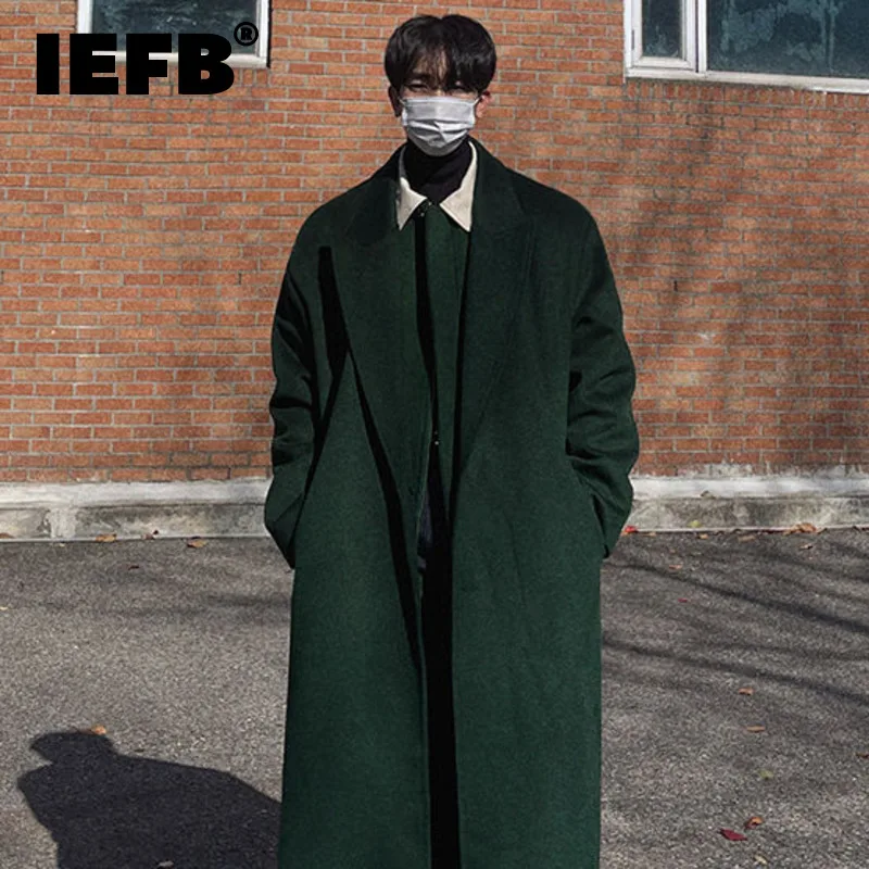 

Длинное шерстяное пальто IEFB для мужчин, Осень-зима, корейская мода, свободный плотный Тренч 2023, однотонная мужская куртка выше колена 9A6518