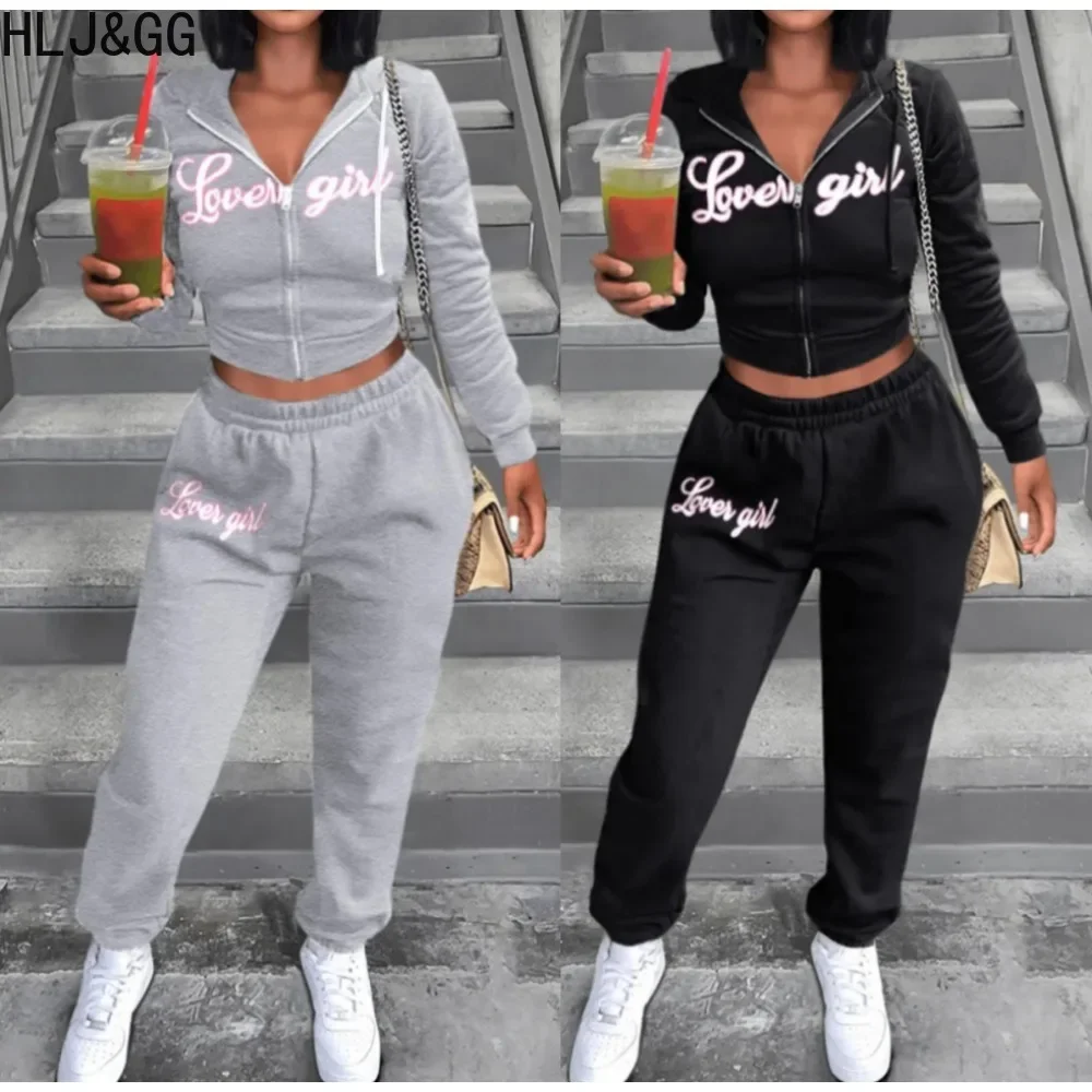 HLJ&GG Autumn Casual Letter Printing Hooded Tracksuits Women Zipper Long Sleeve Crop Top And Jogger Pants Two Piece Sets Outfits summer short sleeve button shirt beach shorts two suit streetwear casual men s clothing 2 piece set men hawaiian sets printing