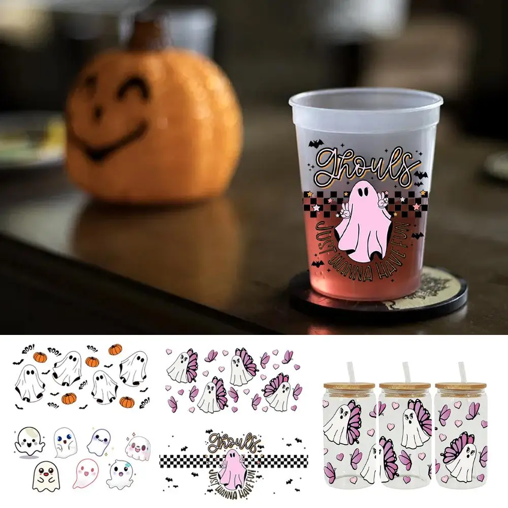 

New Halloween Ghost Heat Transfer Cup With Crystal Label Logo Pattern UV DTF Transfer Sticker For Wraps DIY Waterproof I2Z4