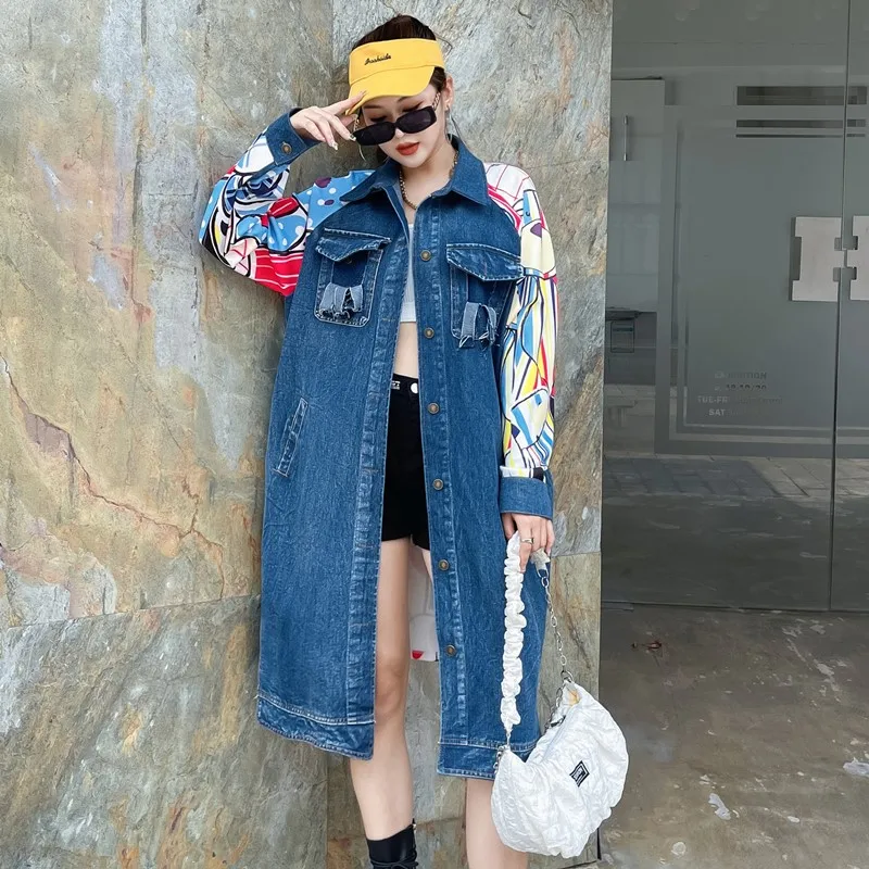 Patchwork Ripped Print Mid-Length Coat Fried Street Personalized and Slim-Looking Top