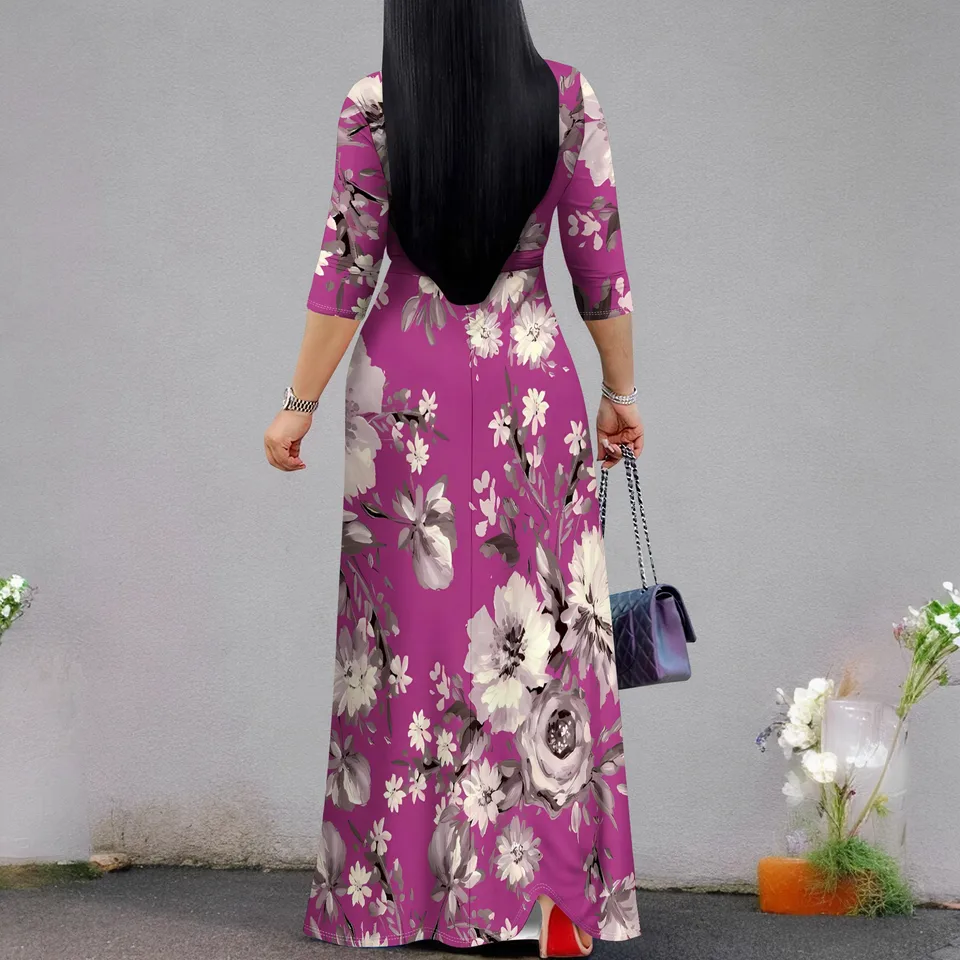 XNC Women's Floral Maxi Dress - V-Neck 3/4 Sleeve With Belt - Pink Flowy A-Line Dress - View #8