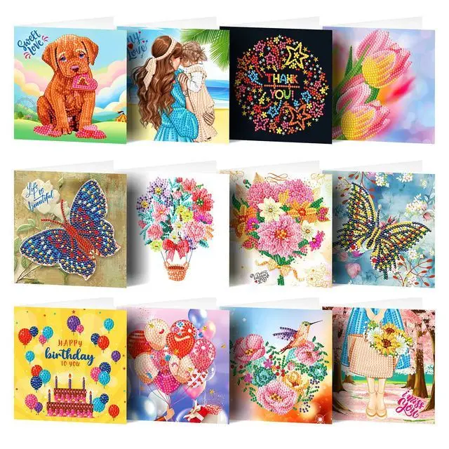 8 Pack 5D Diamond Painting Greeting Cards Hand Embroidered DIY Diamond Encrusted Wishes Greeting Cards Romantic Birthday Gifts 