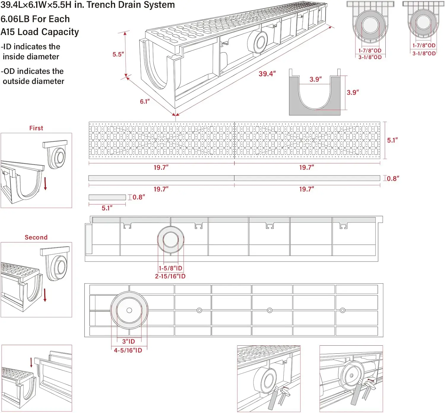 NEW-39.4Lx6.1Wx5.5H in. Channel Drain with Grates,6 Pack Total Length 236.22 in, Plastic Yard Drainage System