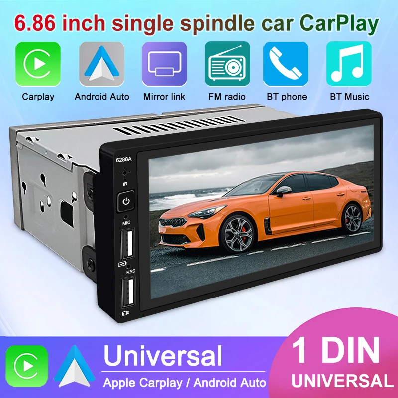 안드로이드 자동차 라디오 유선 카플레이, 안드로이드 자동 와이파이, 블루투스, GPS, FM, USB, HD 터치 스크린, MP5 플레이어, 카메라 포함, 1 Din, 6.86 인치