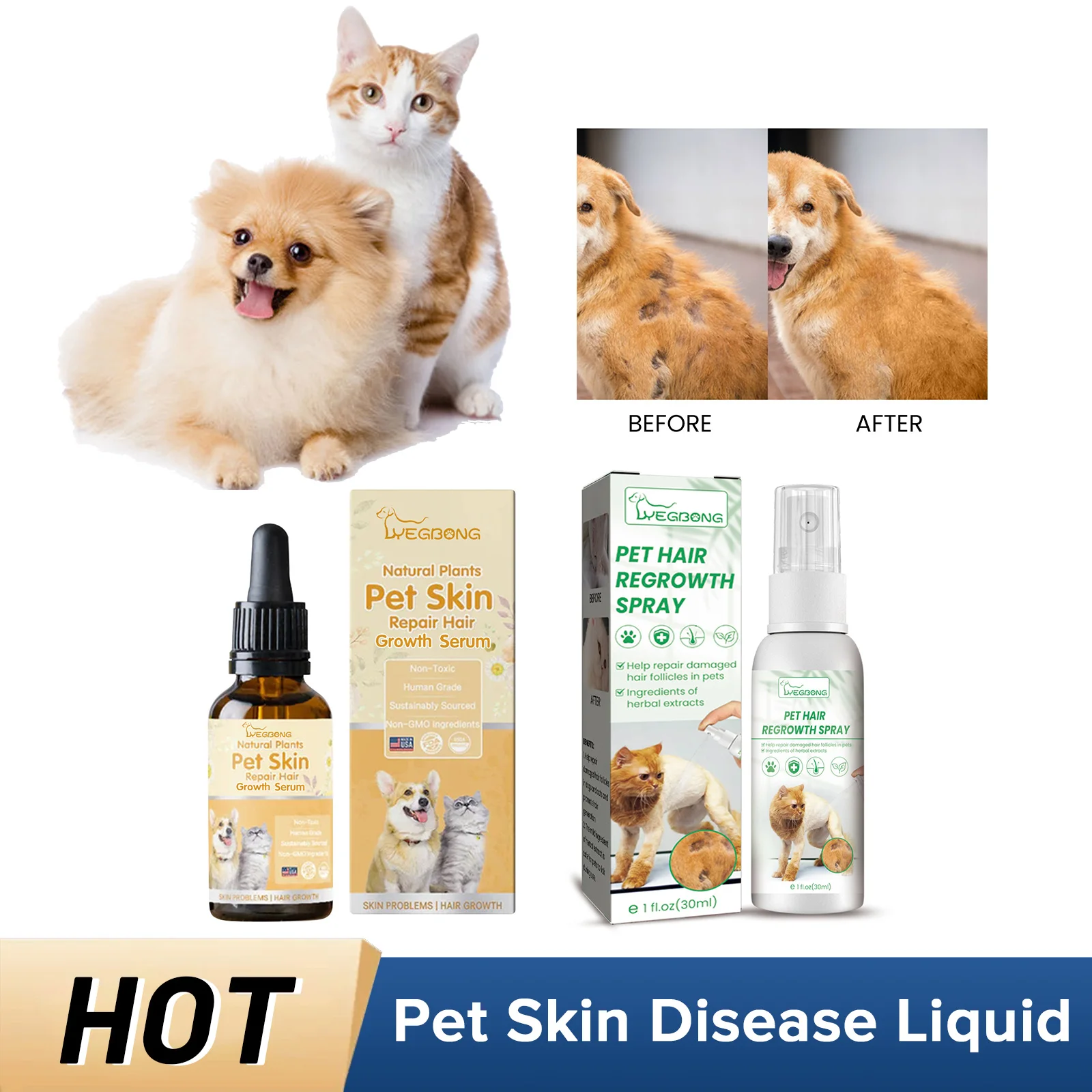 Pet Skin Care Spray Hair Regrowth Itching Relief Anti Tick Mite Infection Cat Allergy Treatment Smoothing Dog Anti Flea Drops