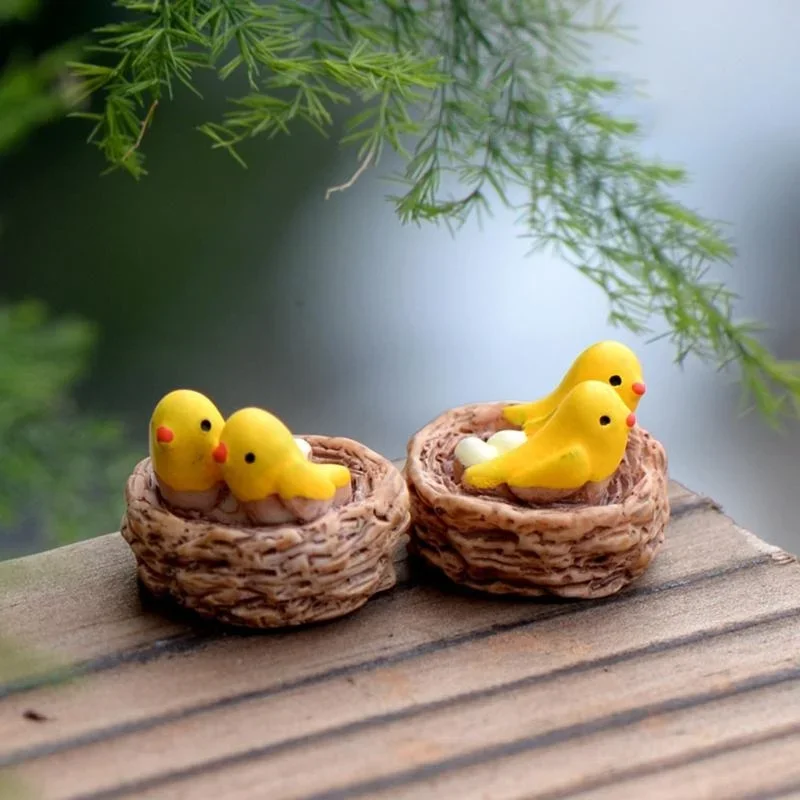 Charming Fairy Garden Resin Figurine Set with Birds and Mini Nest