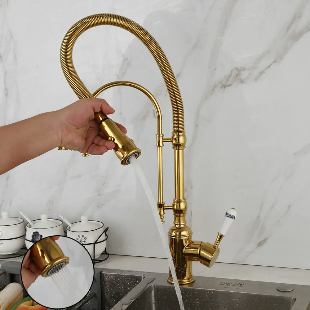 JIENI Golden Plated Kitchen Faucet Swivel Vessel Sink Faucet W/ Pull Down 2 Ways Spring Spray Nickel Brushed Washbasin Mixer Tap