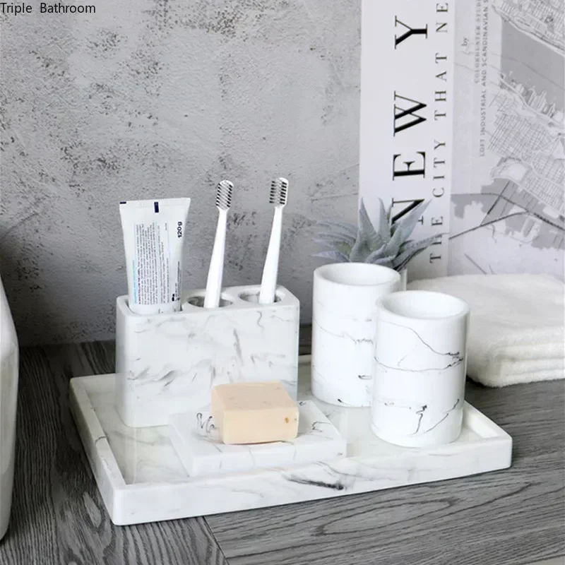 Light luxury Marble Stripe Resin Wash Soap Dispenser Gargle Cup Toothbrush Holder Soap Dish Bathroom Bath Supplies