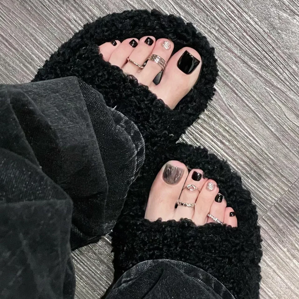 24개 광택 블루 컬러 인조 발톱 여름 심플 발톱 DIY 프레스온 발톱 착용 가능 탈부착 가능한 사각형 가짜 발톱