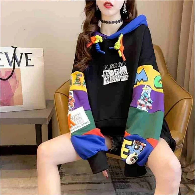 Patchwork Hooded Sweatshirt Girl Spring Pullover Women Loose Hip Hop Cartoon Print Tops Cute Funny Korean High Street Hoodies