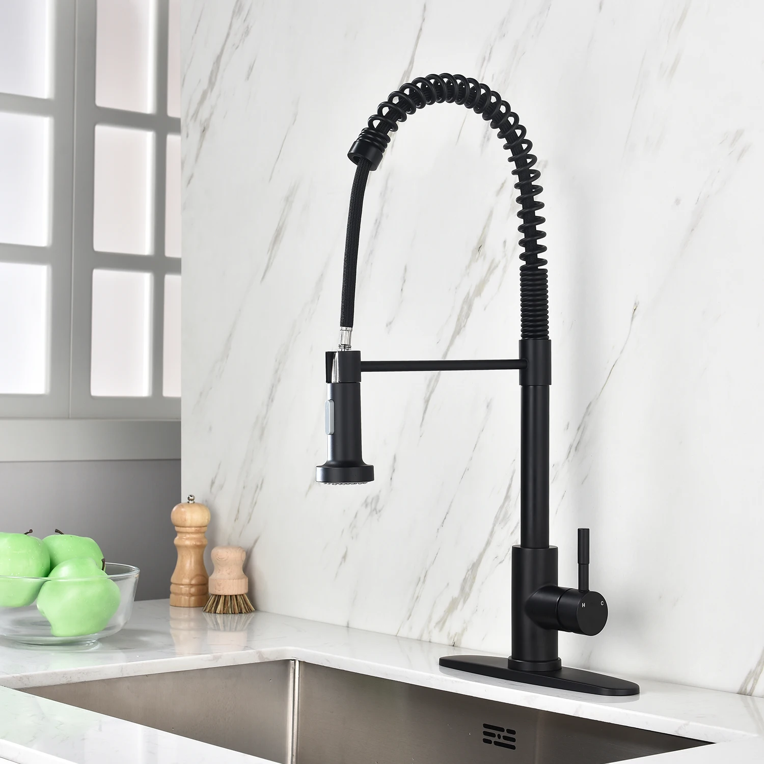 Mixing Hot&Cold Kitchen Faucet with Pull Out Sprayer Stainless Steel 3 Styles White/Matte Black/Silver/Brushed Gold[US-Stock]