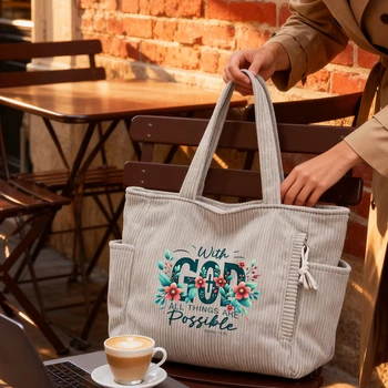 Matthew 19:26 Corduroy Tote Bag