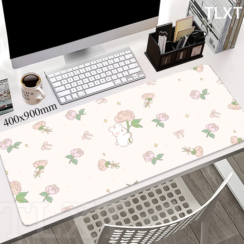 Cute Bunny Mouse Pad Company Mousepad Esteiras de Mesa Grande Flor Rosa Pontos Edge Deskpads Tapete Kawaii 80×30 90×40