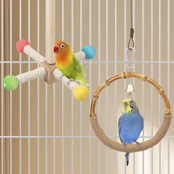 2Pcs Bird Standing Toy Set 360° Rotatable & Bell Wooden Interactive Spinning Parakeet Toys for Bird Cage Accessories NEW