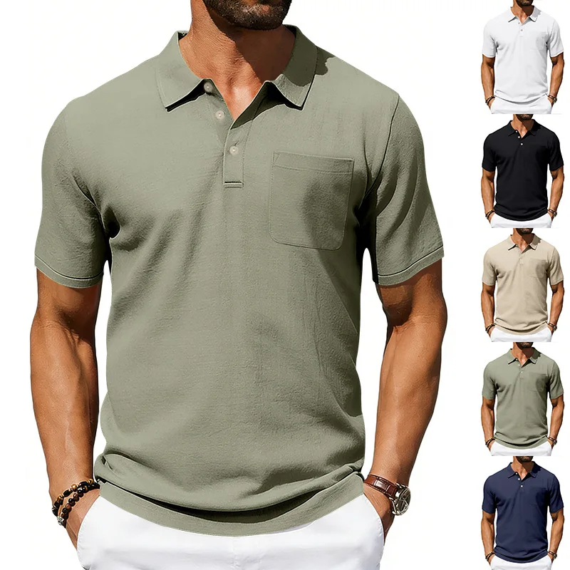 Polo da uomo in lino con risvolto e taschino, vestibilità ampia, traspirante, a maniche corte, stile casual streetwear europeo-americano, collezione Estate 2026