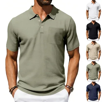 Polo da uomo in lino con risvolto e taschino, vestibilità ampia, traspirante, a maniche corte, stile casual streetwear europeo-americano, collezione Estate 2026
