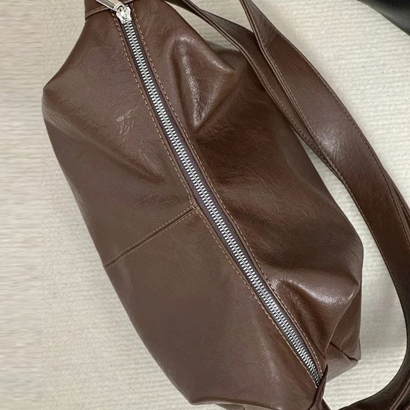 Women's Shoulder Bag Exploded Texture PU Leather Handbag Large Capacity Wide Shoulder Strap Tote Crossbody Bag Commuter Envelope
